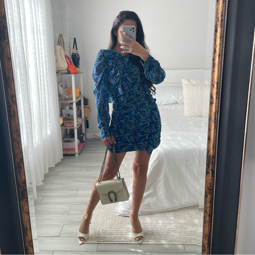 ZARA Blue & Black Floral Long Sleeve Dress